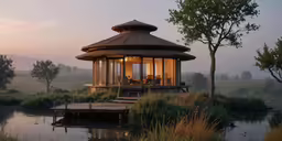 a gazebo sits in the middle of the grass