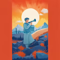 a man is playing a trumpet on a hill