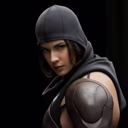 a woman wearing a hood and sweatshirt is posed