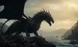 a dragon on the coast looking up at the sky