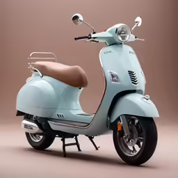 a turquoise motorcycle parked on top of a gray floor