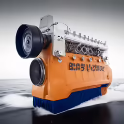 a close up view of the front end of an engine of an orange boat