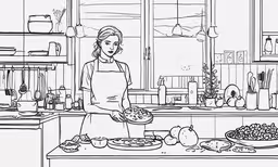 a woman cooking in her kitchen while her cat watches,an illustration of a woman preparing food in her kitchen
