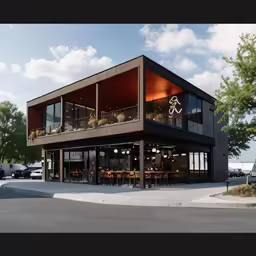 an artistic photo showing a large restaurant with an unusual structure