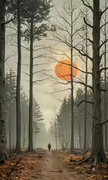 the orange light is shining through a misty forest