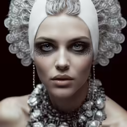 a close up photo of a woman wearing black and white makeup