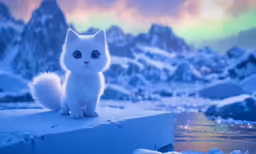 white cat sitting by a water way next to snow covered mountains