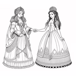a line drawing of two girls in princess dresses,the princess and the frog coloring pages are a very cute coloring