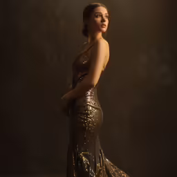 a woman wearing a gold gown with a long train