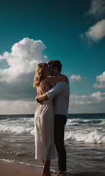 two people hugging on the beach with waves coming in