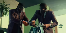 two young men in suits are looking at their shopping bags