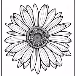 a drawing of a large sunflower with leaves and petals,a sunflower with black and white outline,a flower in a square with a white background,a sunflower with black lines and a center flower,sunflower coloring page with the petals turned down