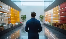man in dark suit looking at shelves filled with various jars