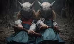 two children with horns sit on their backs, both wearing masks