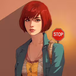 a red haired woman holding a stop sign,a woman with short red hair and green shirt holding a stop sign