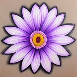 a purple and white flower with a yellow center,a picture of a flower with pink petals,the picture of a flower is shown on a brown and white table,a pink flower with yellow center on top,a blue and purple flower with yellow center