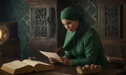 a woman sitting at a table reading a book
