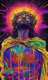 a colorful poster depicting jesus with his hands in his pocket
