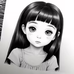 a drawing of a cute girl with long dark hair
