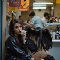 a woman in a leather jacket talking on the phone
