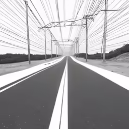 a long street with power lines above it