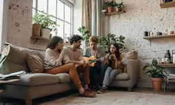 people are sitting on a couch playing music