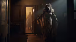 a creepy person in a costume walks into a house,a man dressed in devilish attire is standing in an empty room