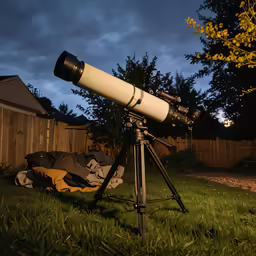 large telescope on tripod in grassy area next to house