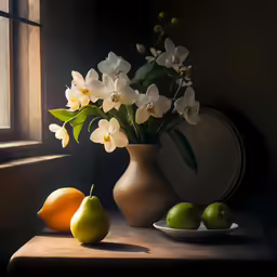 an arrangement of fresh flowers, fruit, and pears in a vase