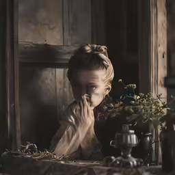 a woman with her hand up to her mouth near a flower pot