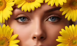 a woman with sunflowers all over her face