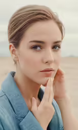 a woman in a blue shirt holds her hand on the chin
