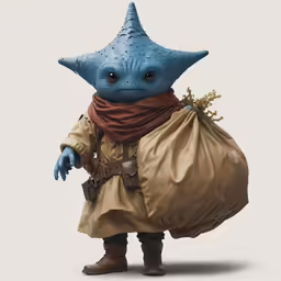 a blue statue in brown and red clothing