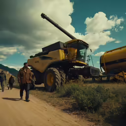 there is a large yellow vehicle that has a truck attached to it