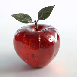 an apple with leaf and some dirt all over it