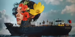 a woman with yellow flowers on her head looking to the sea from a ship