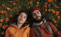 two people laying in the grass and orange flowers