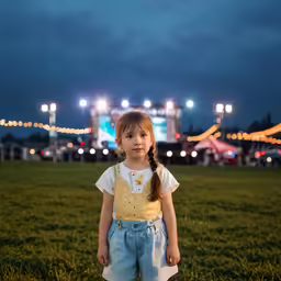 a small girl standing on the grass in front of an arena