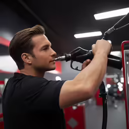 a man is at a gym with dumb machines
