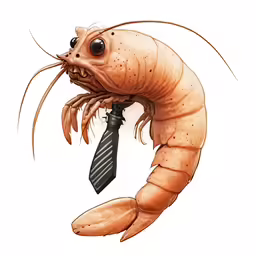 the shrimp is wearing a tie and its tail curled
