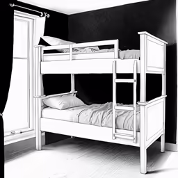 there is a bed with wooden rails in the room