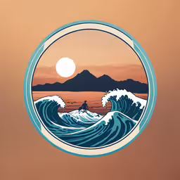 the surfers are riding the large waves in the ocean,a circular design with a surfer in the middle