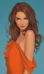 a painting of a girl wearing orange clothing with one hand in her pockets