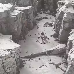 a view of rocks in snow from the top of an incline