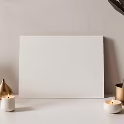 two candles and some potted plants are placed next to a poster