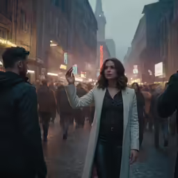 a woman with an umbrella looking at another man
