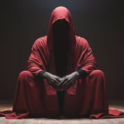 the image is of a woman in a red cape with hands folded up on one side