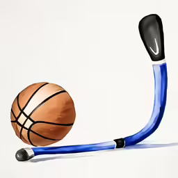 a watercolor drawing of a basketball hanging from a blue pipe