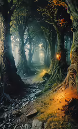 a painting with trees that appear to be growing on top of a rocky area