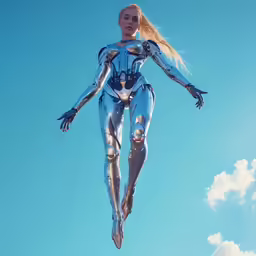 a woman in silver suit flying through the sky